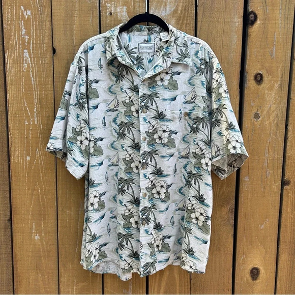 100% Silk Tropical Print Button Down Short Sleeve Collard Shirt Size Large - Picture 2 of 9